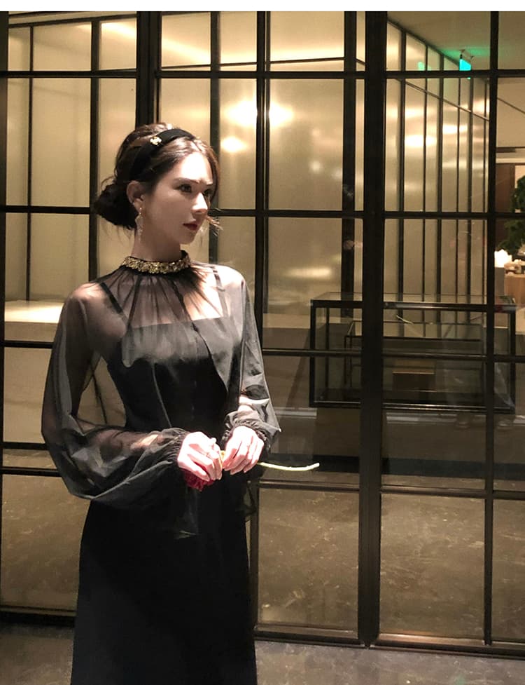 透け感ケープ袖付きロングオケージョンドレス