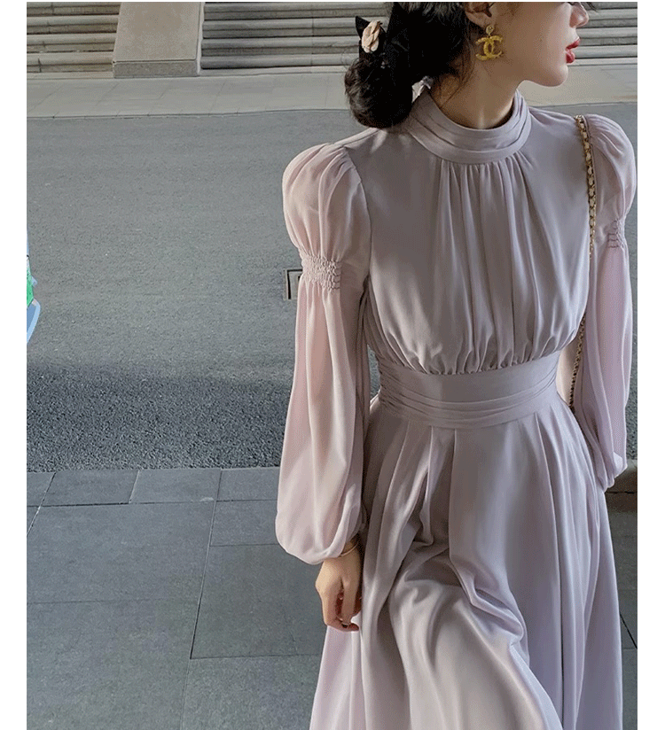 優美な立ち襟パフスリーブロングオケージョンドレス