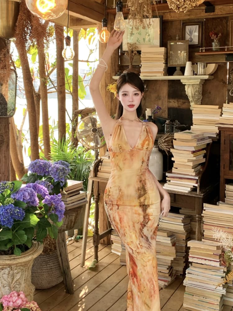 オケージョン ドレス 花柄ホルターネック優美ドレス