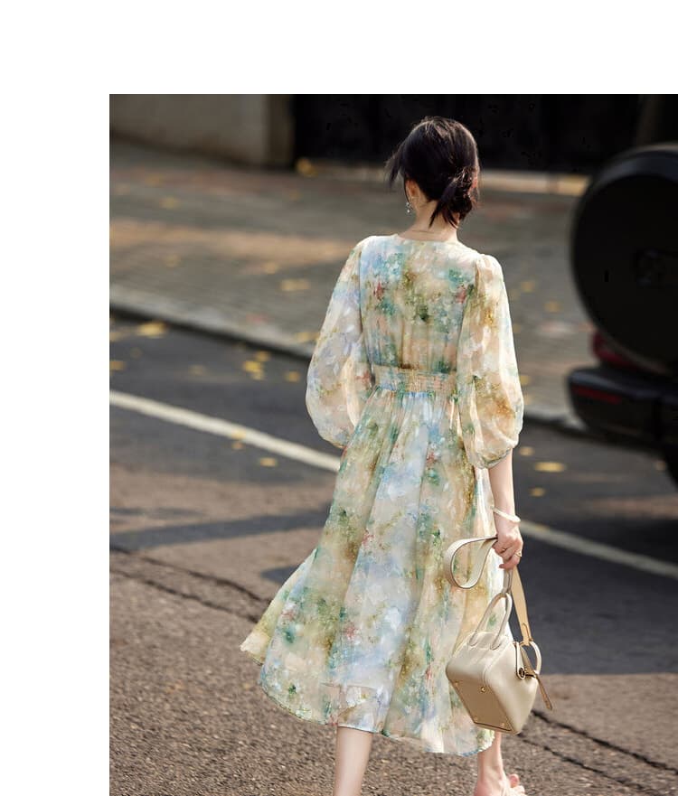 優美な花柄シフォン ミディ丈オケージョンドレス