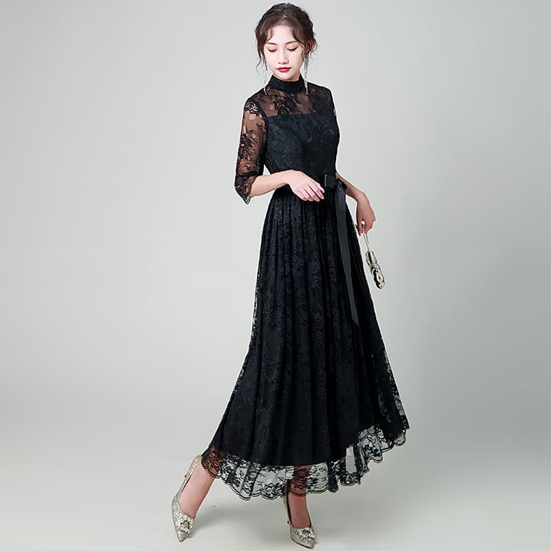 総レース七分袖ハイネックロング丈オケージョンドレス