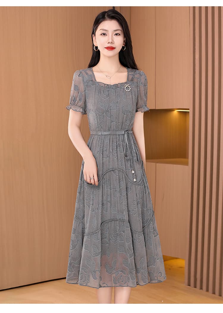 オケージョン ドレス 花柄シフォン半袖ティアードミディ丈ワンピース
