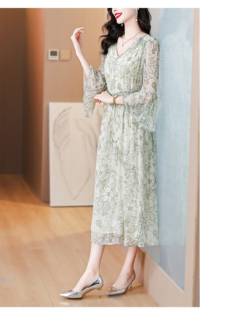 オケージョンワンピース 花柄シフォン 七分袖ギャザーワンピース