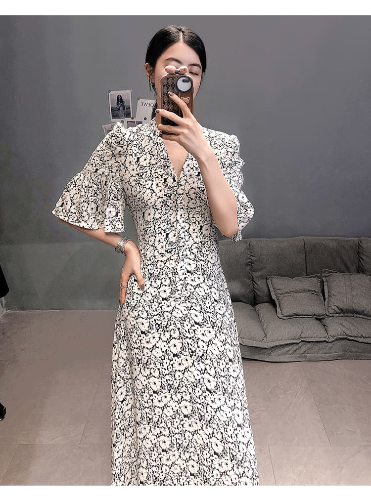 花柄シアー素材フレア袖ミモレ丈オケージョンドレス