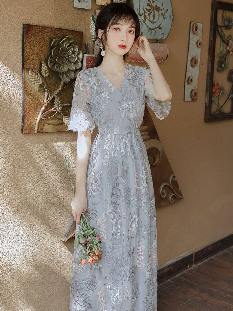 花柄刺繍レース袖ブイネックロング丈オケージョンドレス