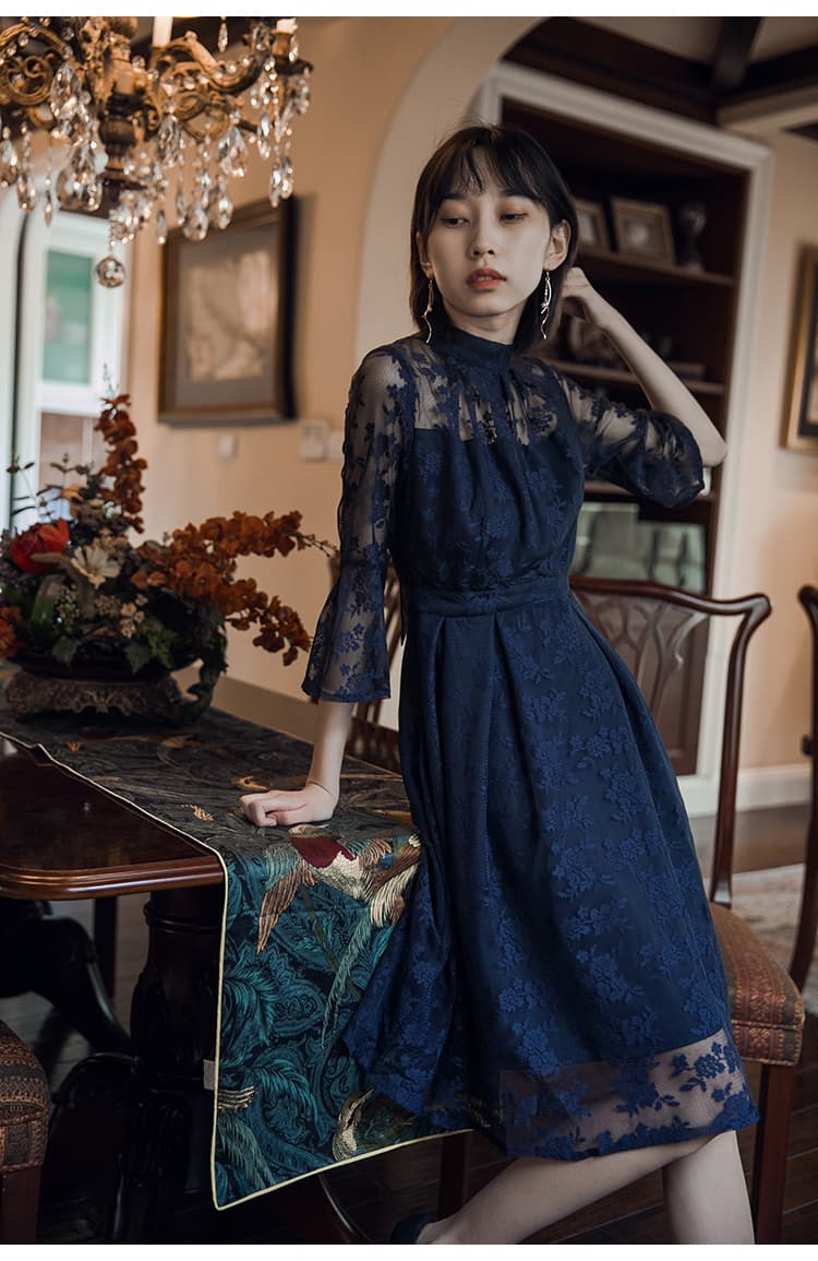 透かし花柄レース ハイネックオケージョンドレス