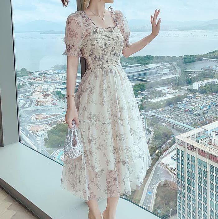花柄シフォン 半袖フレアオケージョンドレス