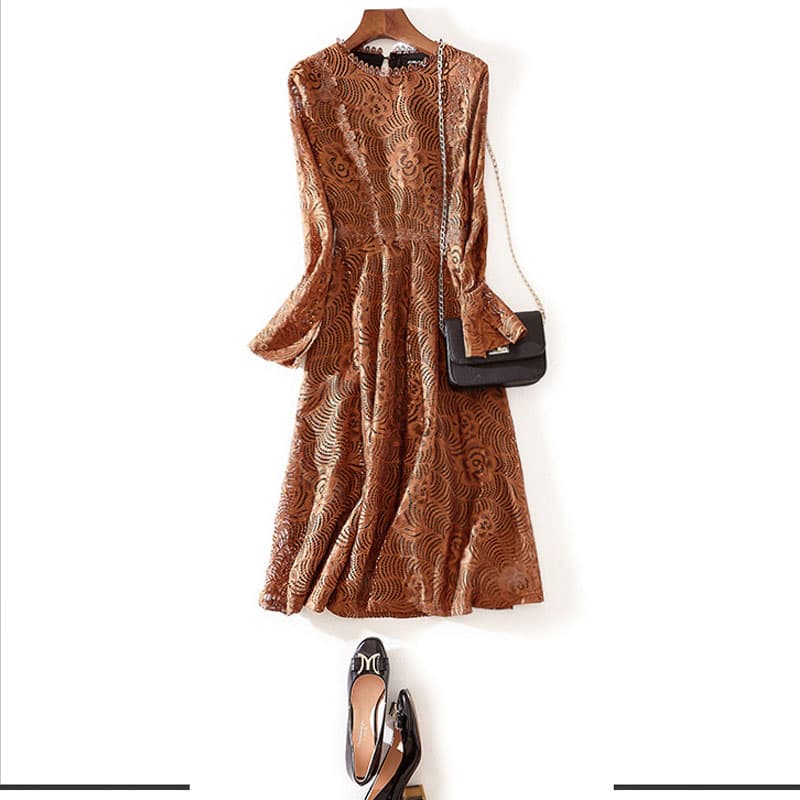 オケージョン ドレス 繊細な総刺繍レース長袖上品膝丈ワンピース