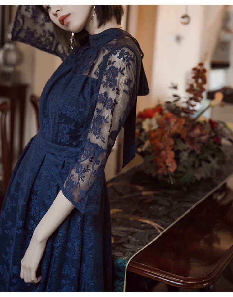 透かし花柄レース ハイネックオケージョンドレス