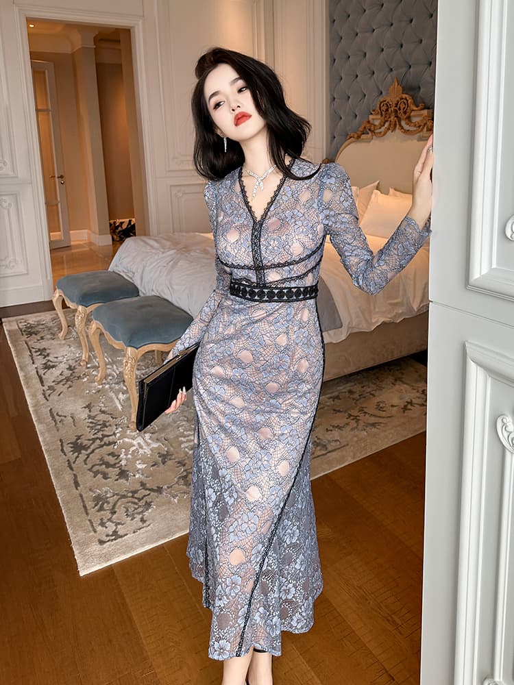 優美レース 深みVネック ロングオケージョンドレス