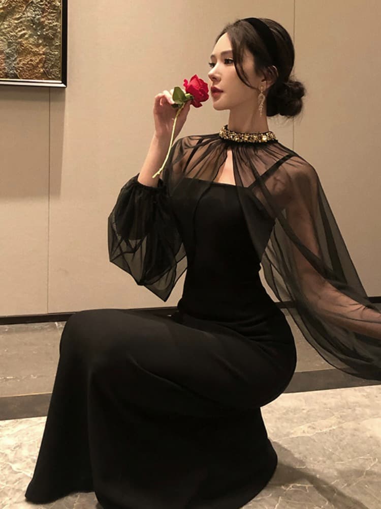 透け感ケープ袖付きロングオケージョンドレス