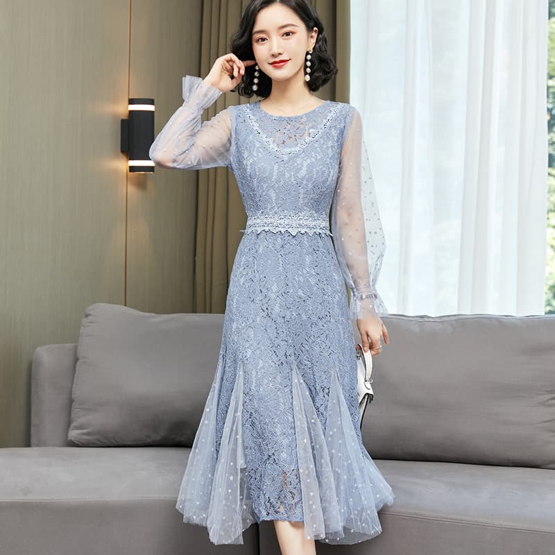 総レース刺繍チュール袖マーメイドラインオケージョンドレス