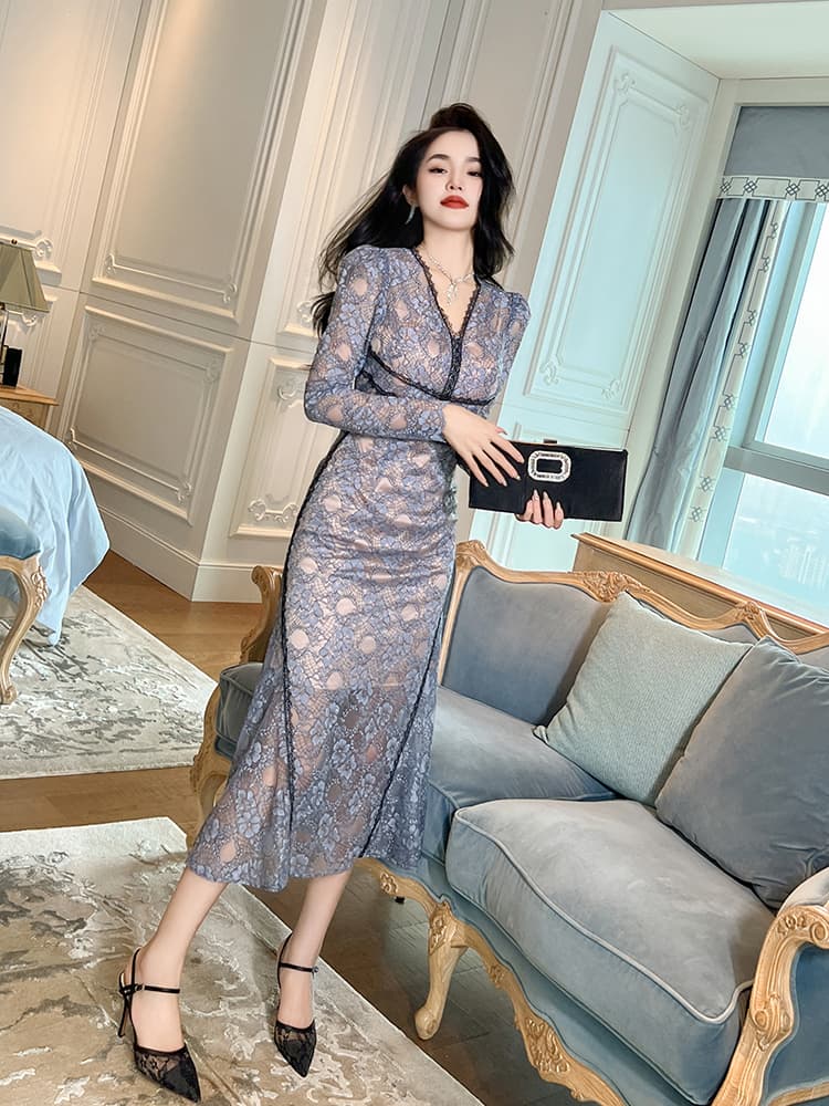 優美レース 深みVネック ロングオケージョンドレス