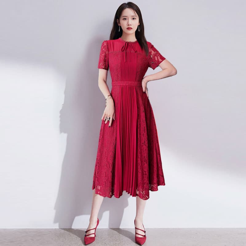 オケージョン ドレス レース調プリーツ ミディアム ワンピース