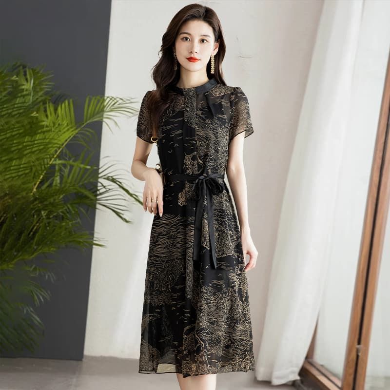 優雅な花柄シフォンオケージョンドレス