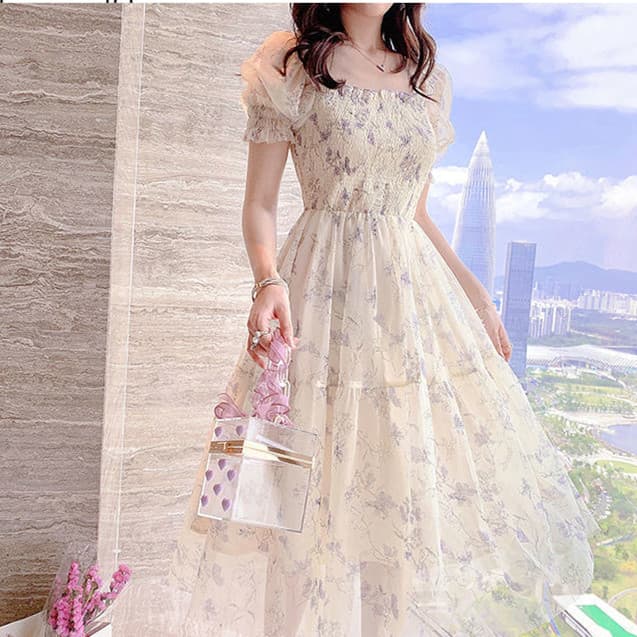 花柄シフォン 半袖フレアオケージョンドレス