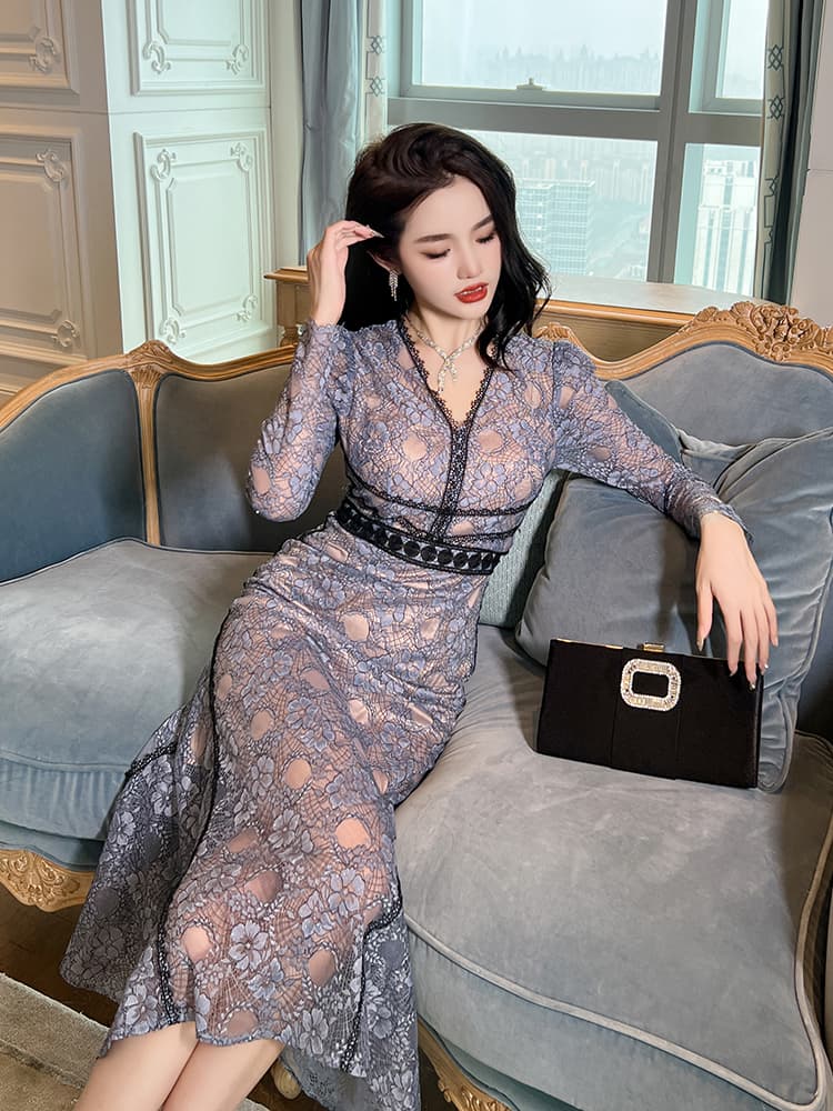 優美レース 深みVネック ロングオケージョンドレス