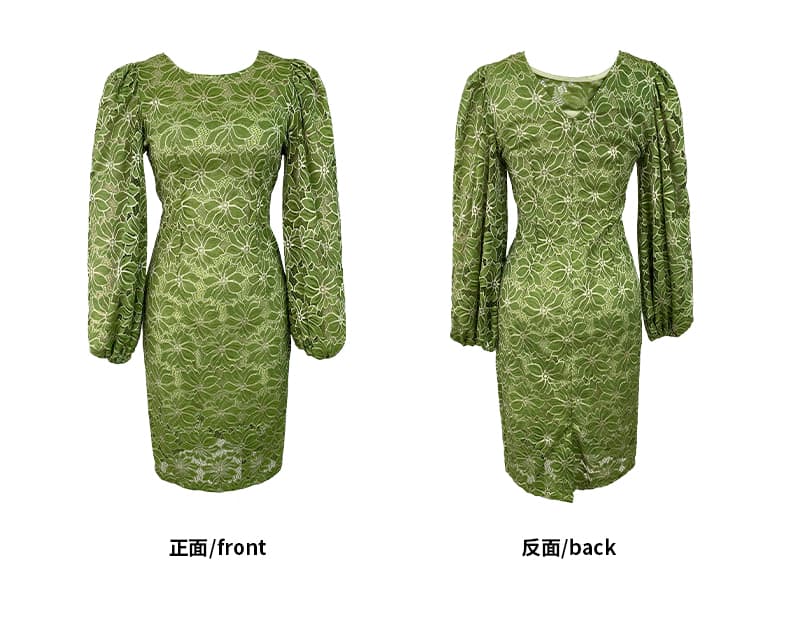 オケージョン ドレス 花柄総レースボリューム袖タイトワンピース