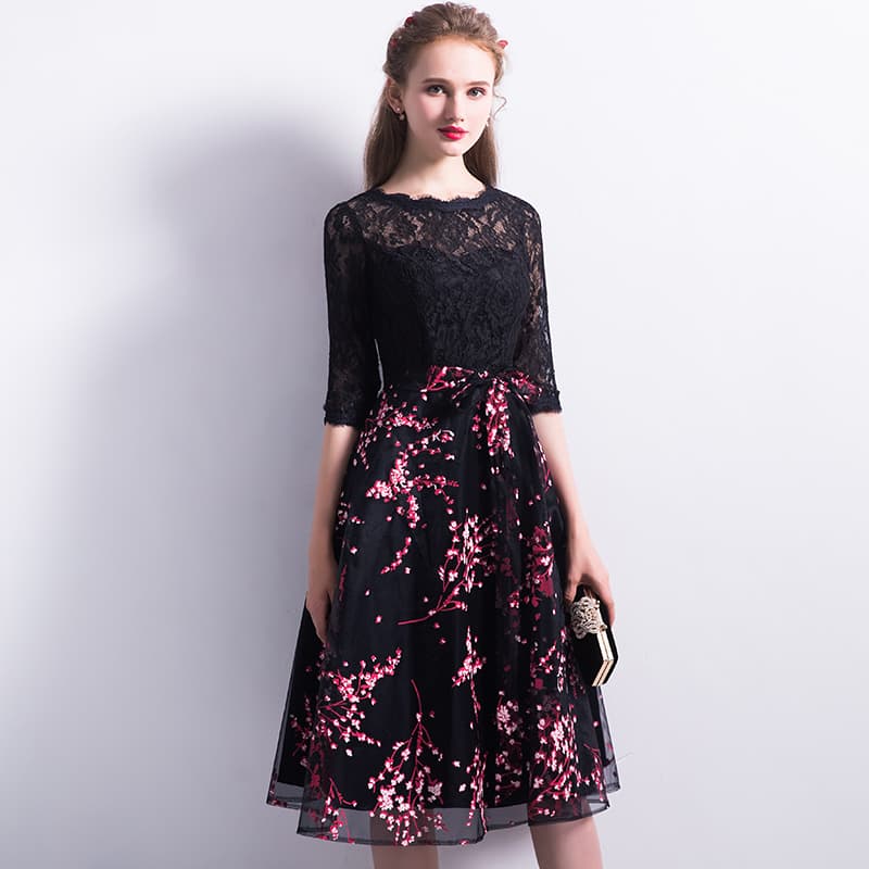 オケージョン ドレス 花柄刺繍レース切替チュール膝丈ワンピース