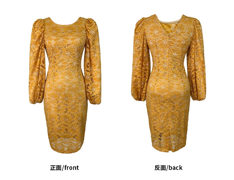 オケージョン ドレス 花柄総レースボリューム袖タイトワンピース