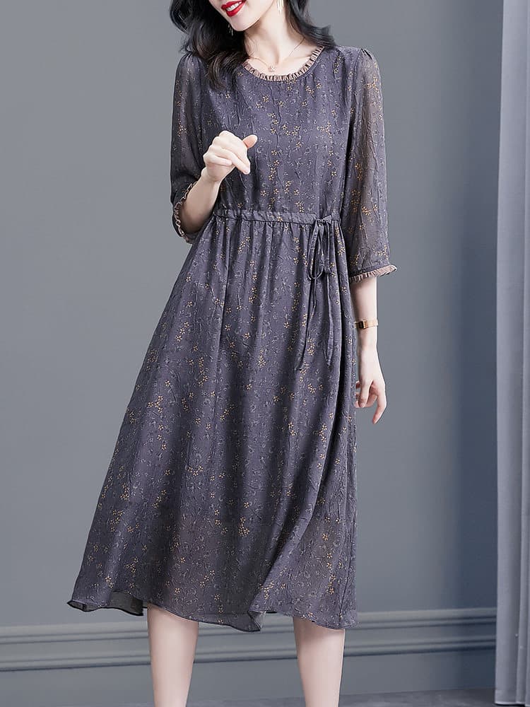 オケージョン ドレス 小花柄シフォン七分袖ウエストリボンワンピース