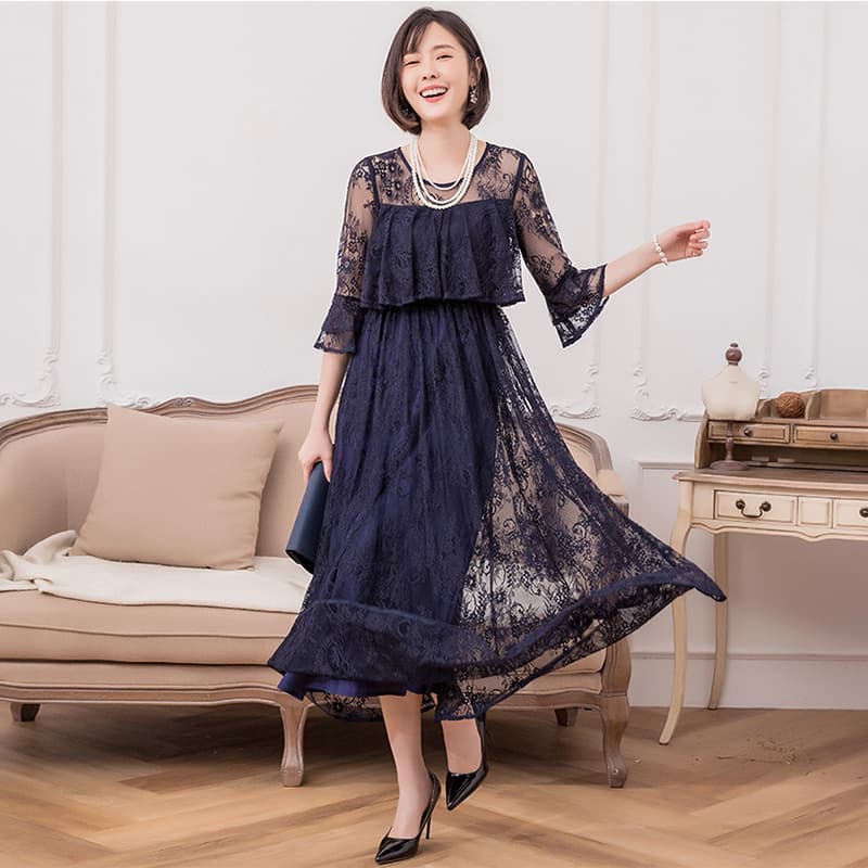 オケージョン ドレス 総レース仕立てケープ風ティアード袖ロング丈ワンピース