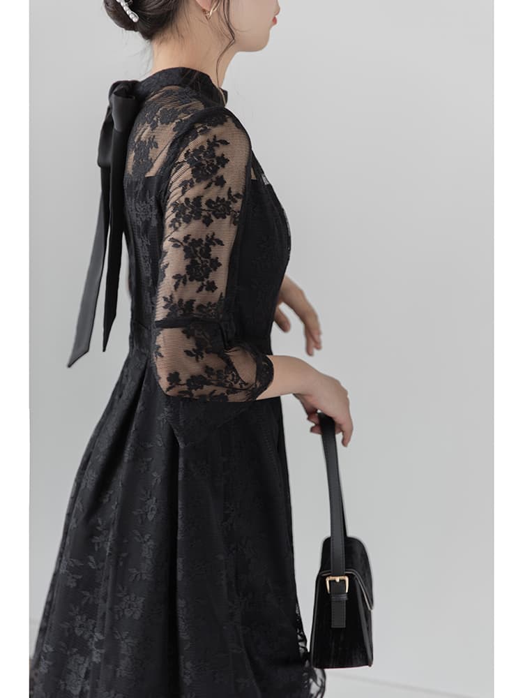 透かし花柄レース ハイネックオケージョンドレス
