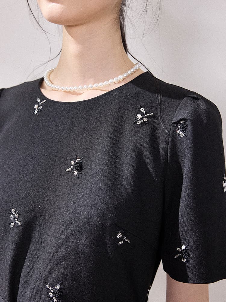 オケージョン ドレス 小花刺繍パフスリーブベルト付きワンピース