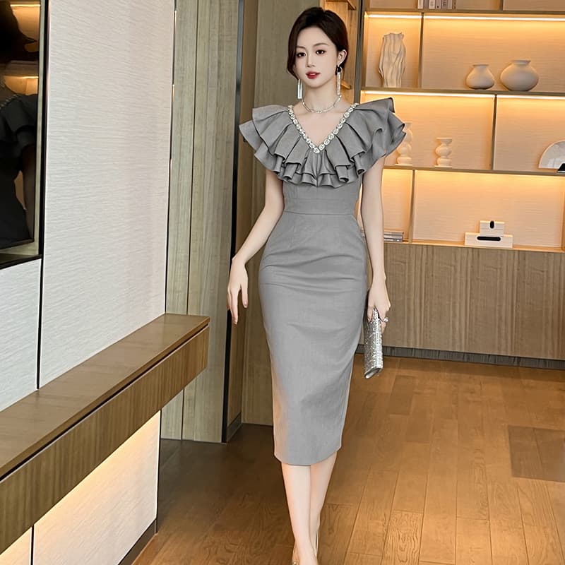 オケージョン ドレス フリルデコレーション 優美ミディドレス