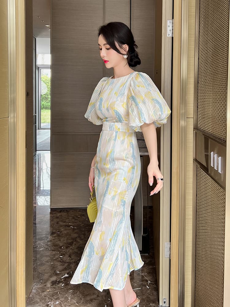 オケージョン ドレス 水彩画風パフスリーブロングワンピース