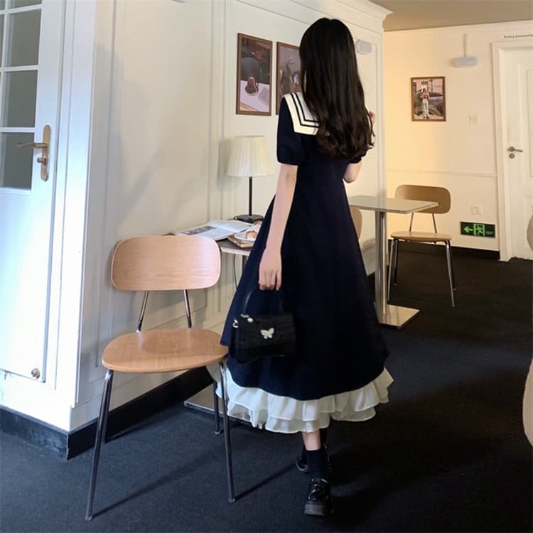 オケージョン ドレス セーラー襟リボン付き裾フリル切替ロング丈ワンピース