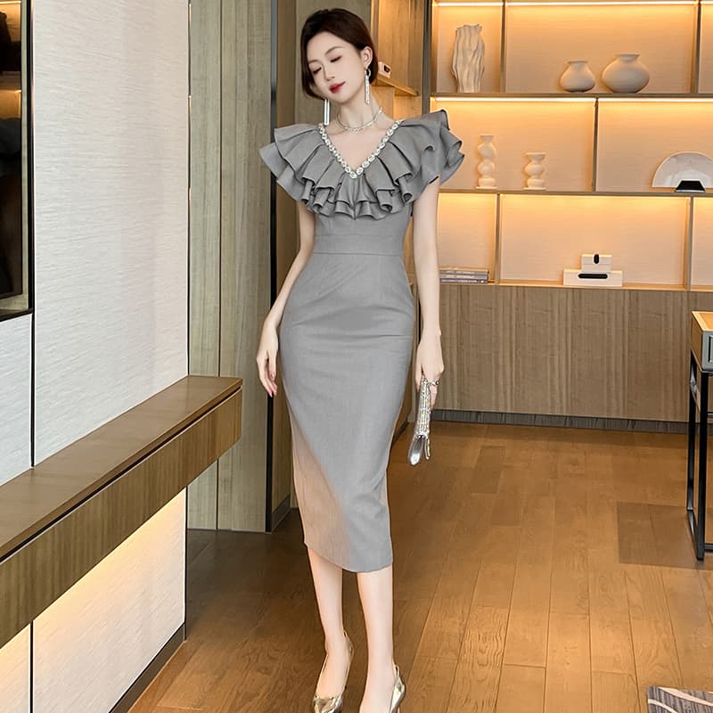 オケージョン ドレス フリルデコレーション 優美ミディドレス