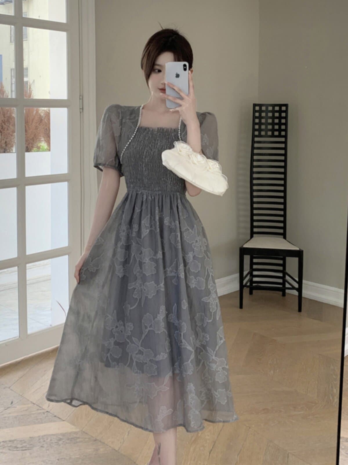オケージョン ドレス 刺繍レース花柄パフスリーブシャーリングワンピース